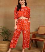 Women ethnic motifs printed orange rayon co-ord set top & straight pants with puff sleeves