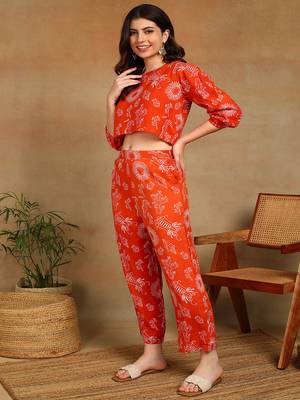 Women ethnic motifs printed orange rayon co-ord set top & straight pants with puff sleeves 2