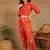 Women ethnic motifs printed orange rayon co-ord set top & straight pants with puff sleeves