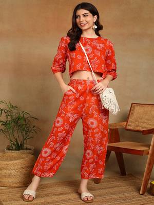 Women ethnic motifs printed orange rayon co-ord set top & straight pants with puff sleeves 3