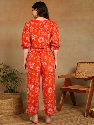 Women ethnic motifs printed orange rayon co-ord set top & straight pants with puff sleeves 4