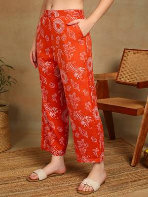 Women ethnic motifs printed orange rayon co-ord set top & straight pants with puff sleeves 5