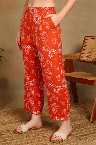 Women ethnic motifs printed orange rayon co-ord set top & straight pants with puff sleeves