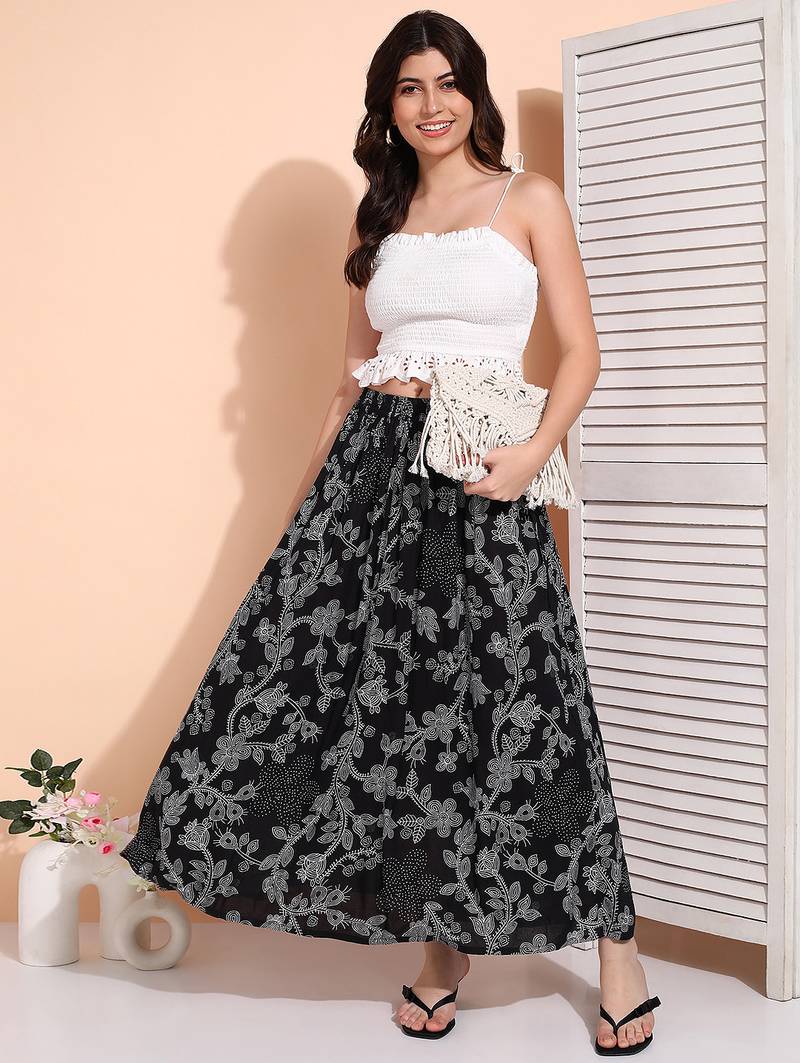 Women black & white floral printed rayon long maxi a line flared skirt