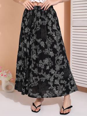 Women black & white floral printed rayon long maxi a line flared skirt 2