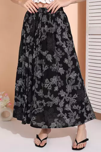 Women black & white floral printed rayon long maxi a line flared skirt