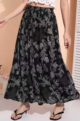 Women black & white floral printed rayon long maxi a line flared skirt