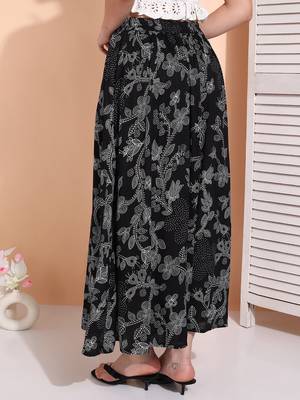 Women black & white floral printed rayon long maxi a line flared skirt 4