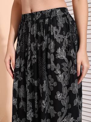 Women black & white floral printed rayon long maxi a line flared skirt 5