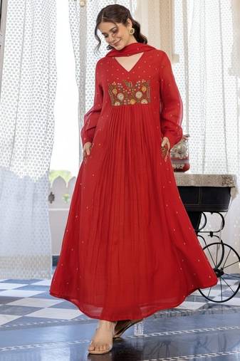 Floral embroidered red v neck pure cotton kurta set with trouser & dupatta
