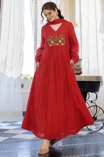 Floral embroidered red v neck pure cotton kurta set with trouser & dupatta