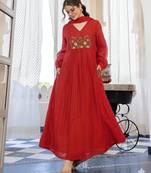 Floral embroidered red v neck pure cotton kurta set with trouser & dupatta