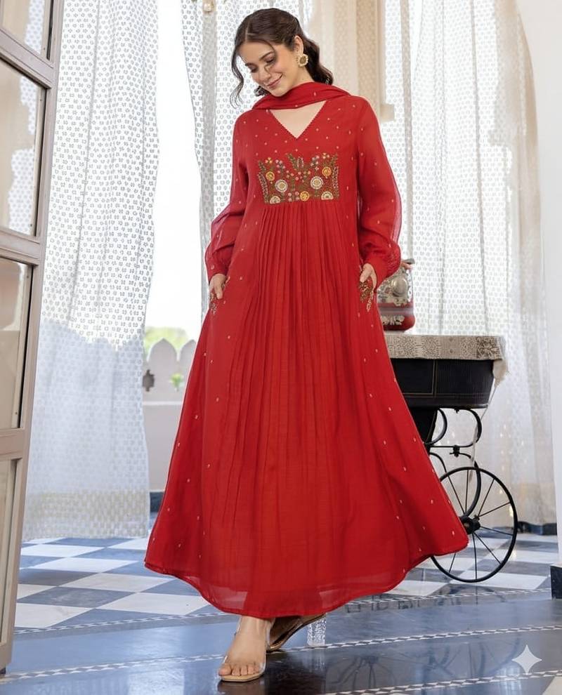 Floral embroidered red v neck pure cotton kurta set with trouser & dupatta