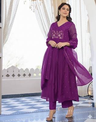 Floral embroidered purple v neck  cotton kurta set with trouser & dupatta 1