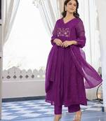 Floral embroidered purple v neck pure cotton kurta set with trouser & dupatta