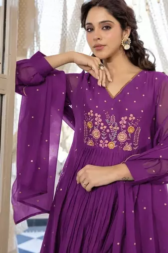 Floral embroidered purple v neck  cotton kurta set with trouser & dupatta