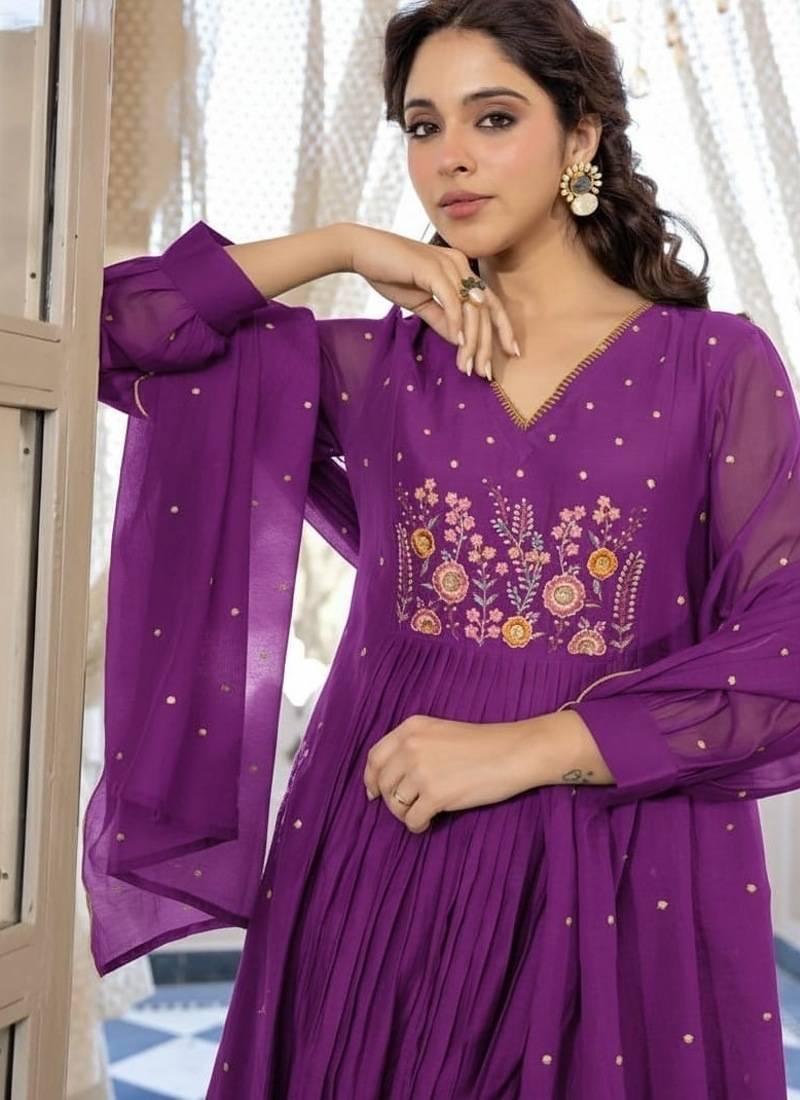 Floral embroidered purple v neck pure cotton kurta set with trouser & dupatta