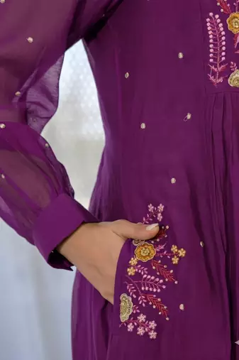 Floral embroidered purple v neck  cotton kurta set with trouser & dupatta