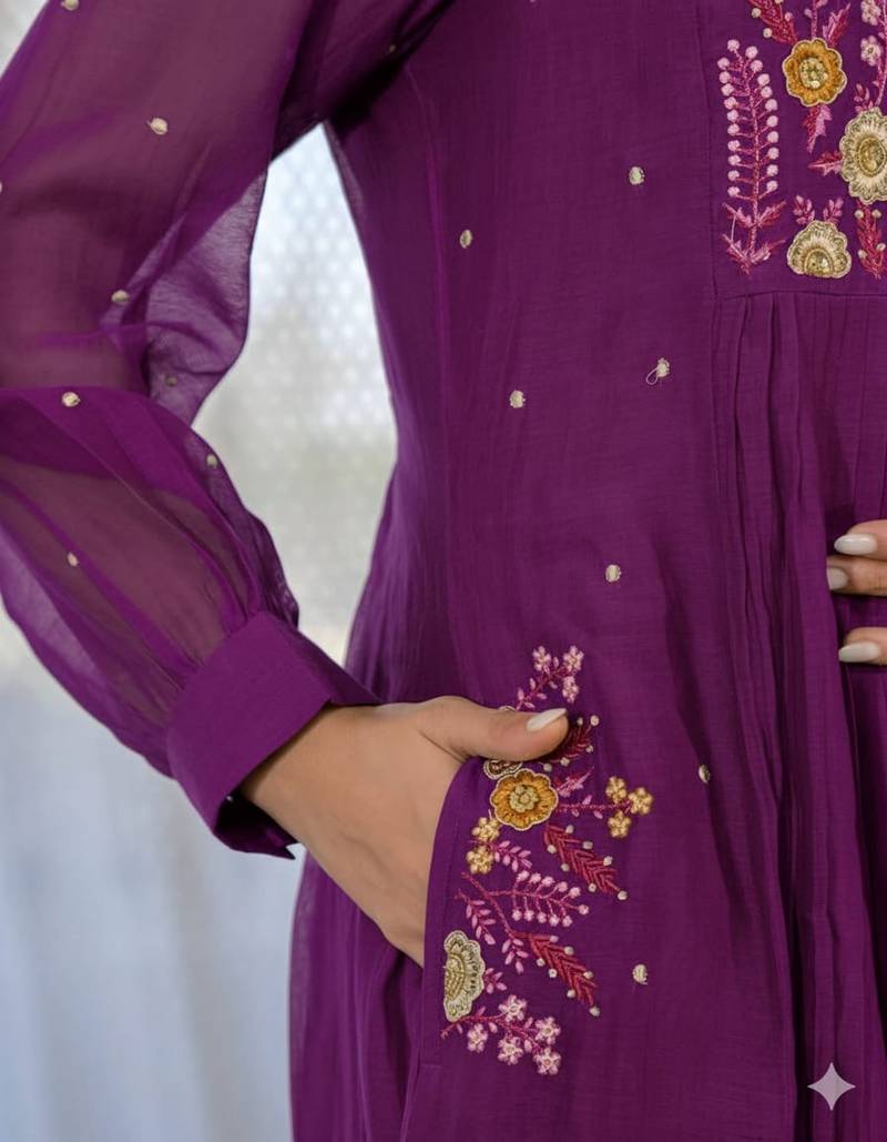 Floral embroidered purple v neck pure cotton kurta set with trouser & dupatta