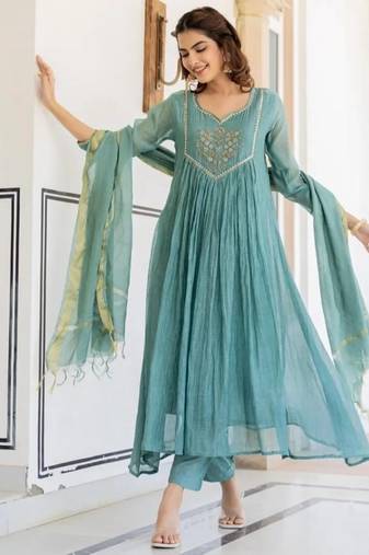 Floral embroidered blue v neck pure cotton kurta set with trouser & dupatta