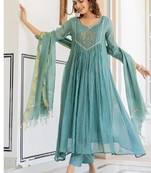 Floral embroidered blue v neck pure cotton kurta set with trouser & dupatta