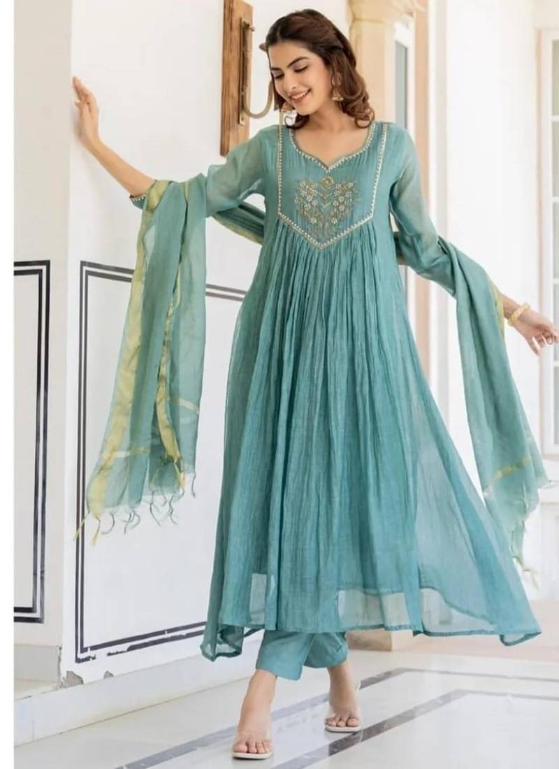 Floral embroidered blue v neck pure cotton kurta set with trouser & dupatta