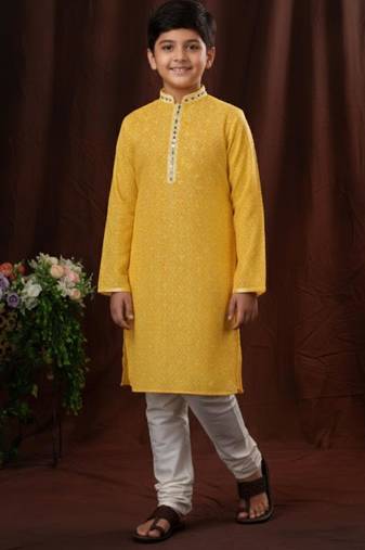 yellow art silk printed kurta pajama for boys