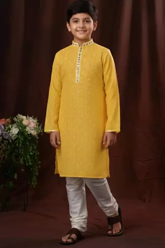 yellow art silk printed kurta pajama for boys