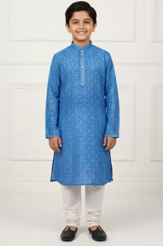 blue art silk printed kurta pajama for boys