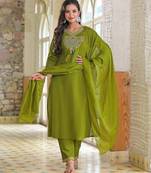 Floral embroidered green v neck pure cotton kurta set with trouser & dupatta