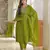 Floral embroidered green v neck pure cotton kurta set with trouser & dupatta