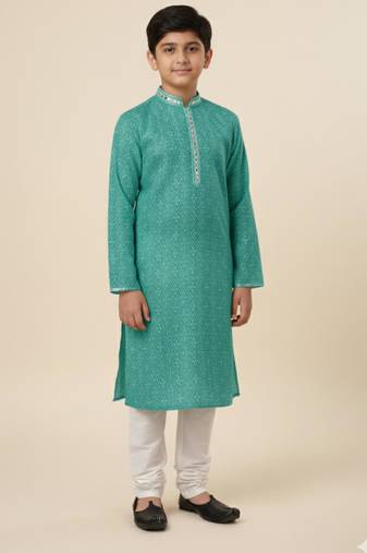 green art silk printed kurta pajama for boys