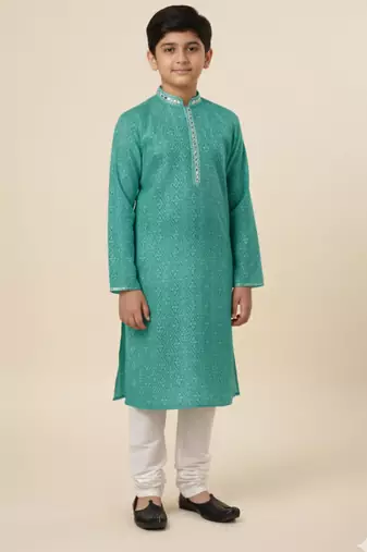green art silk printed kurta pajama for boys