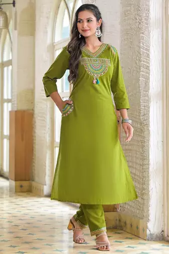 Floral embroidered green v neck  cotton kurta set with trouser & dupatta