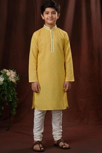 yellow art silk printed kurta pajama for boys