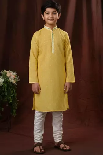 yellow art silk printed kurta pajama for boys