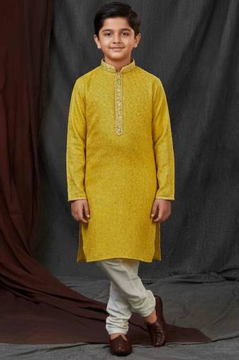 Yellow jacquard printed kurta pajama  for boys