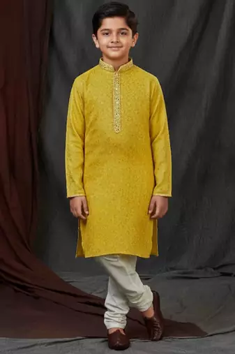 Yellow jacquard printed kurta pajama  for boys