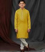 Yellow jacquard printed kurta pajama  for boys