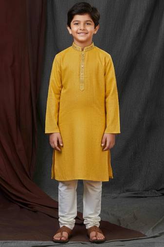 yellow jacquard printed kurta pajama  for boys