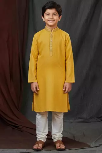 yellow jacquard printed kurta pajama  for boys