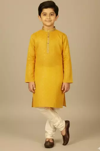 yellow cotton printed kurta pyjama for boys