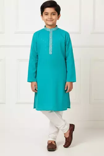 blue cotton printed kurta pyjama for boys