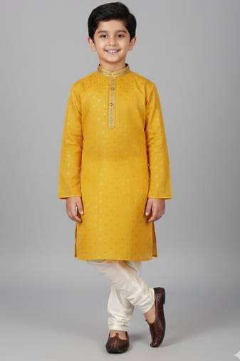 yellow cotton printed kurta pyjama for boys