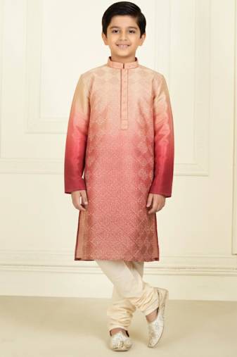 pink silk printed kurta pyjama for boys