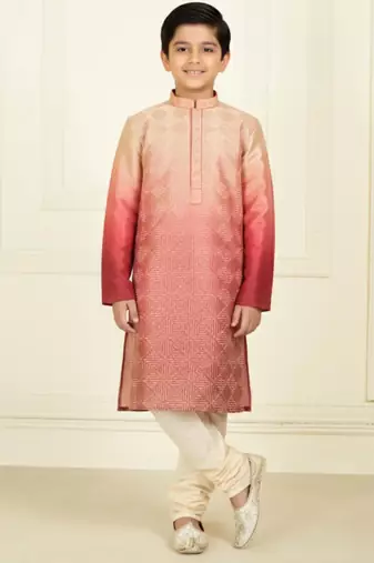 pink silk printed kurta pyjama for boys