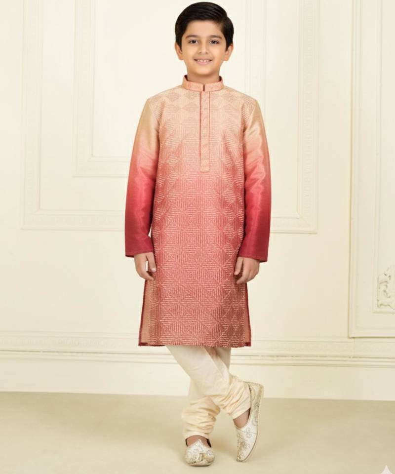 pink silk printed kurta pyjama for boys
