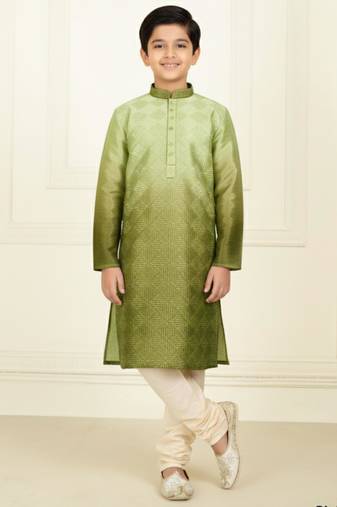 green silk printed kurta pyjama for boys