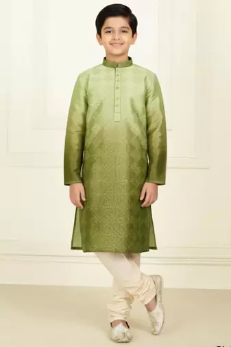 green silk printed kurta pyjama for boys