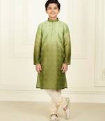 green silk printed kurta pyjama for boys